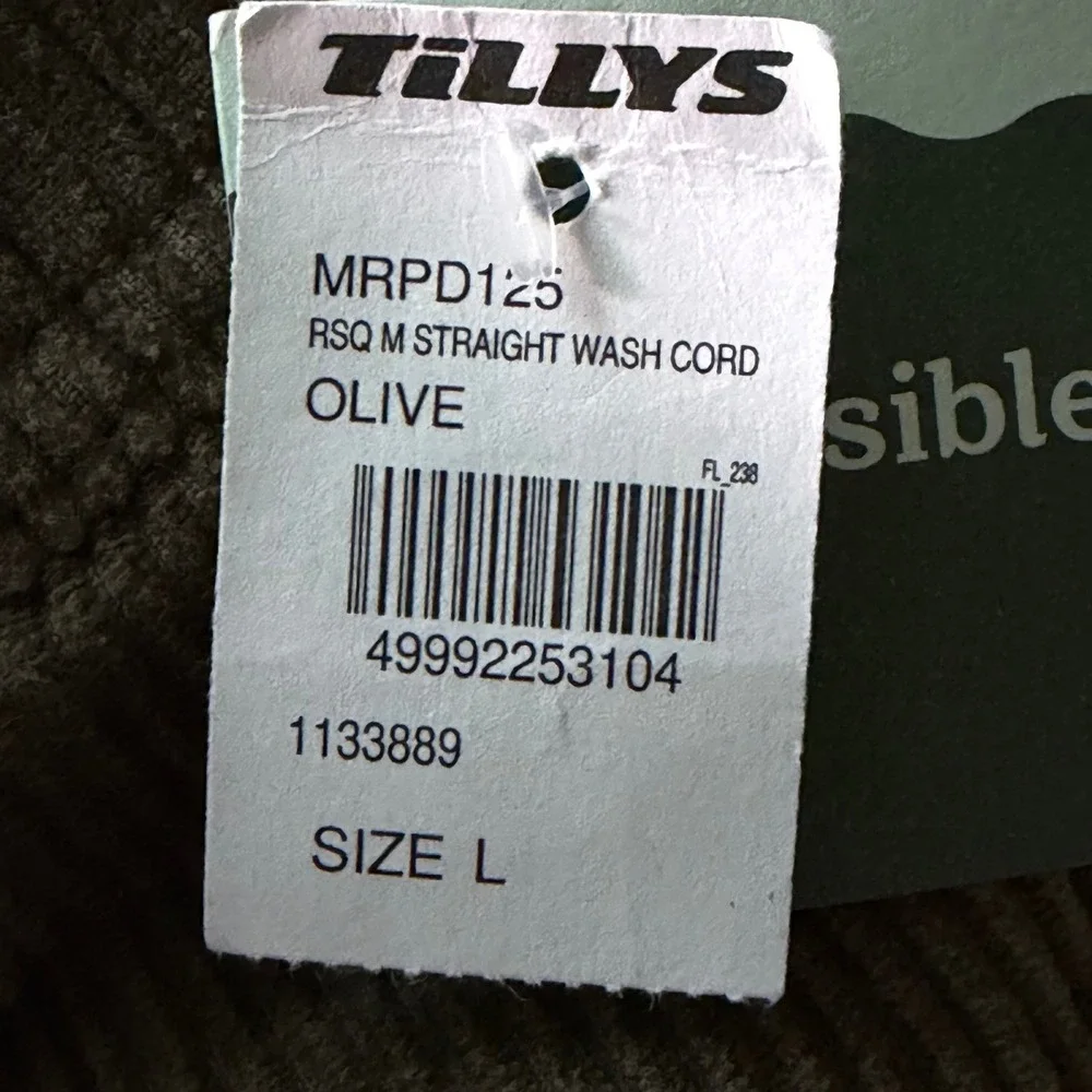 RSQ Pants Mens Large Straight Wash Cord Olive Straight Fit NEW